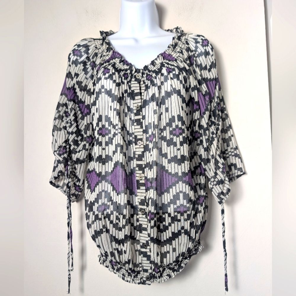 Halo top sheer button smock geometric purple white black tie sleep sz M artsy